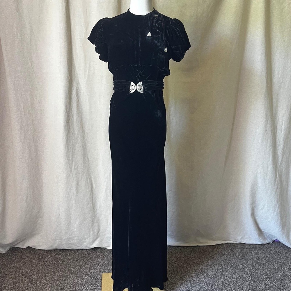1930s Black Silk Velvet Evening Gown Openhym's Rhinstone Belt Dress S - Picture 1 of 9